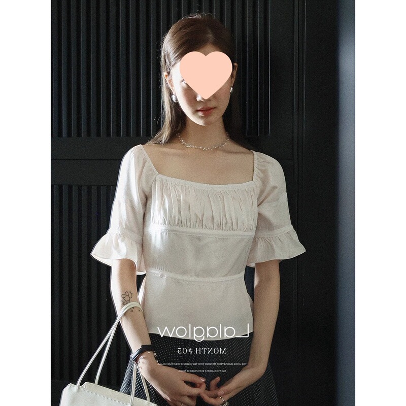 Acetate French-Style Puff Sleeve Square-Neck Lace Patchwork Shirt in Beige, Off-Shoulder, High-Elasticity, from Domestic First and Second-Tier Brands