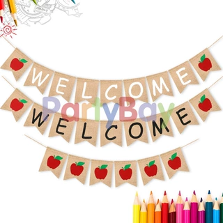 WELCOME 欢迎拉花拉旗批发 麻布婚礼迎宾拍摄道具苹果燕尾旗跨境