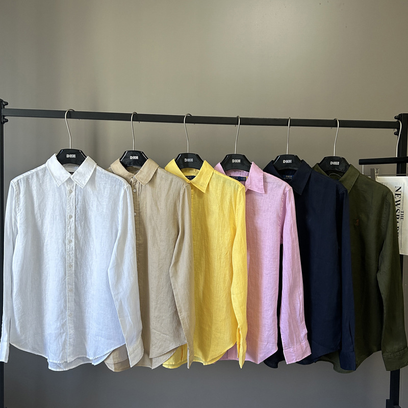Cross-Border Classic Rl Linen Shirt Pony Logo Embroider Old Money Style Trendy Brand Cotton and Linen Shirt for Women