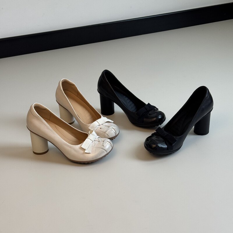 Spring New Vintage Style Comfortable Slip-On Round-Toe Chunky Heel Shallow Bow High-Heeled Women's Shoes