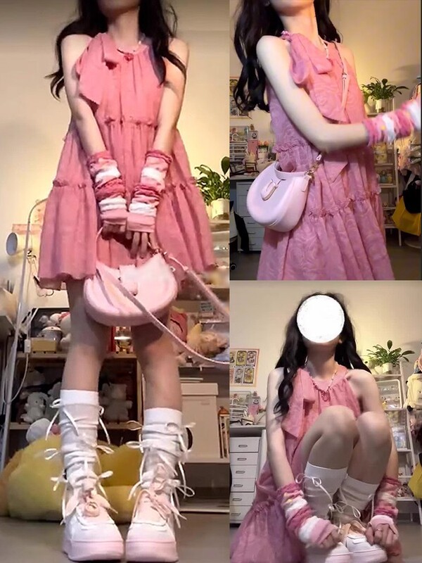 2025 New Bow Lace-up Neck dress Women's Summer Small Design Doll Skirt Small Short Skirt