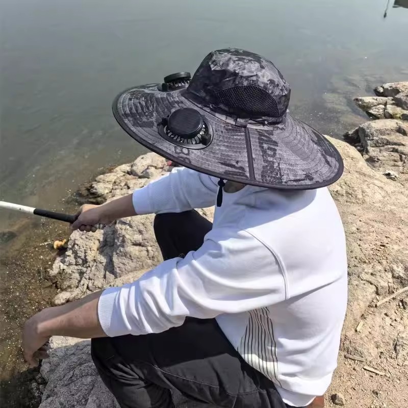 跨境太阳能风扇大帽檐帽子男户外遮阳防晒帽夏季太阳帽登山渔夫帽|undefined