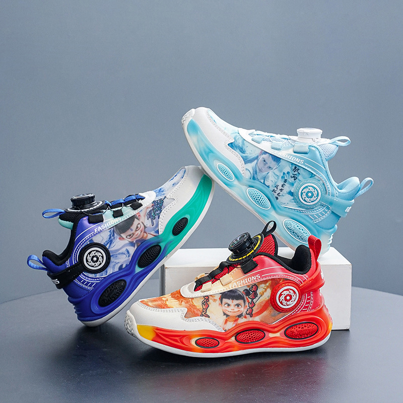 Nezha zapatos de baloncesto primavera y otoño 2025 nuevos zapatos de niños mallas transpirables botones giratorios zapatos antideslizantes