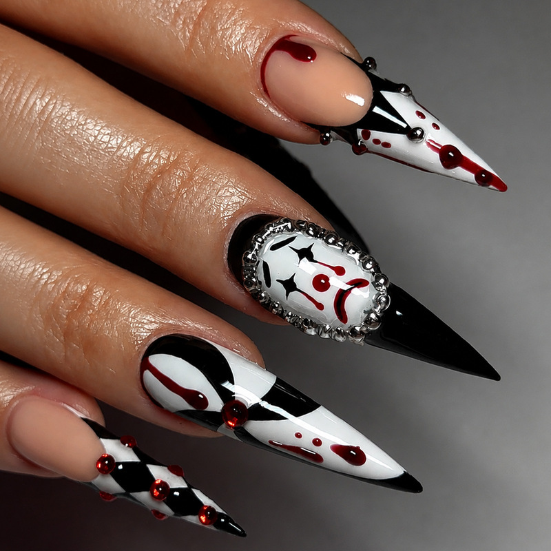 Cross-border European and American style Halloween dark-themed long, pointed, 3D, blood-splatter, and quirky clown fake nails Cross-border European and American style Halloween dark-themed long, pointed, 3D, blood-splatter, and quirky clown fake nails