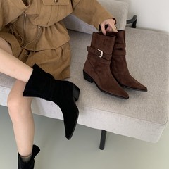 韩国小众皮带扣西部牛仔靴女2025新款粗跟磨砂真皮中跟短靴堆堆靴