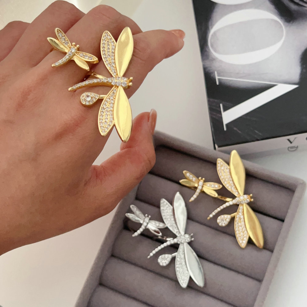 Daily Occasion Alloy Material Exaggerated Dragonfly Alloy Plating Inlay Rhinestones Women's Open Rings