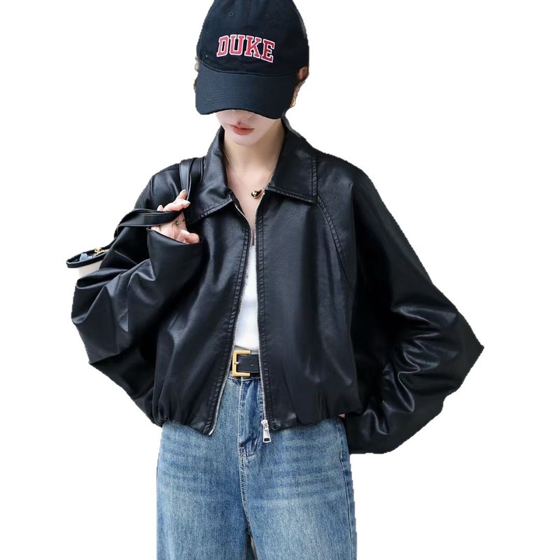 秋冬新款蝙蝠侠宽松休闲版型仿皮衣女装时尚显瘦百搭长袖pu皮上衣|undefined