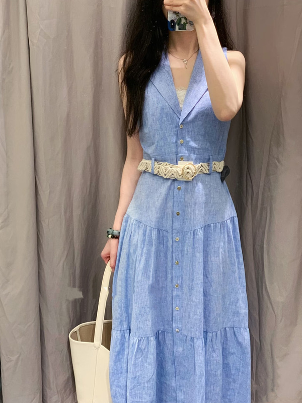 ZA女装跨境外贸 优雅气质修身配腰带亚麻混纺迷笛连衣裙 8372110|undefined