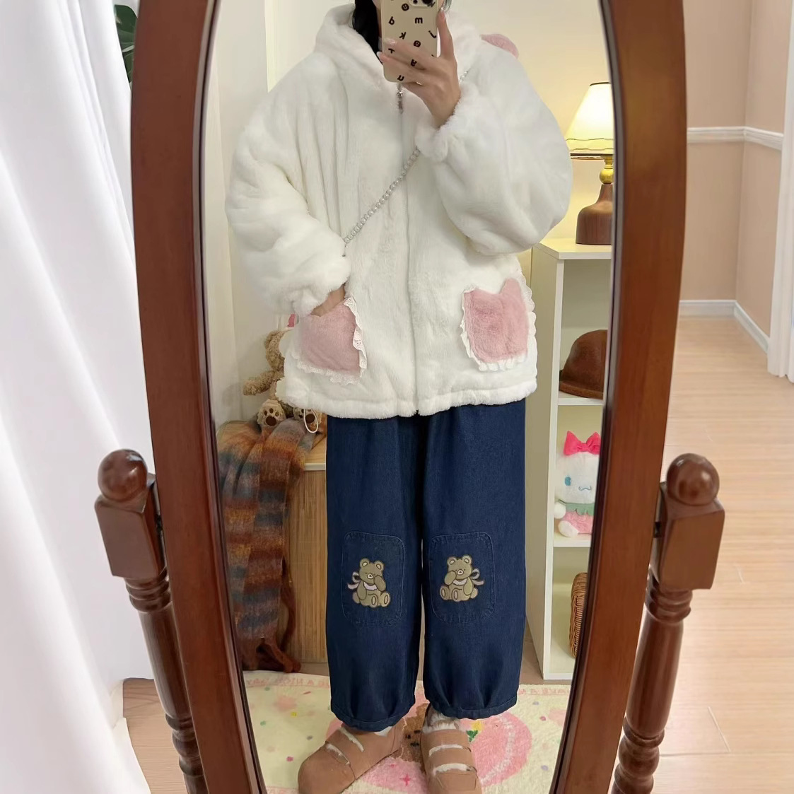 (2개) 가을과 겨울 부드러운 두꺼운 따뜻한 새 반 벨벳 야외 착용 홈 의류 귀여운