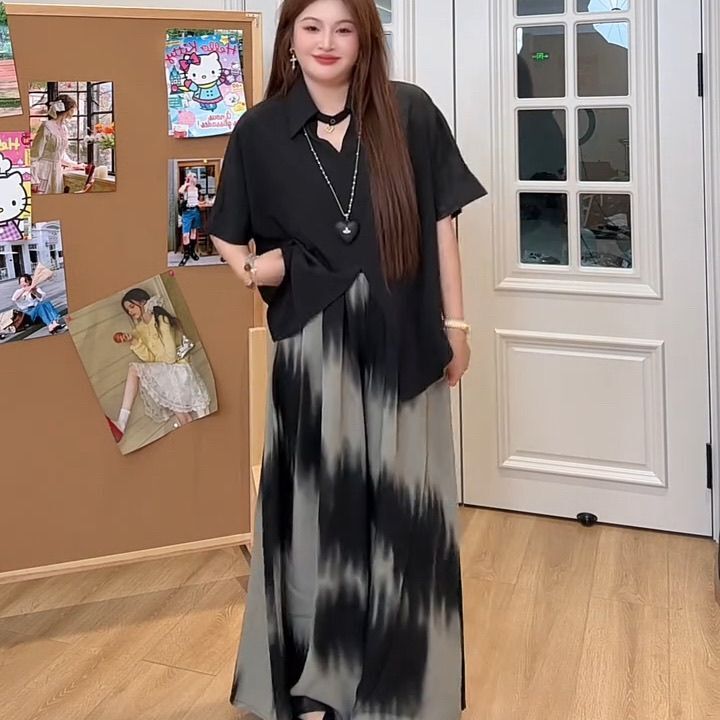 韩系设计感短袖衬衫+晕染裤裙两件套女大码新款休闲宽松时尚套装|undefined