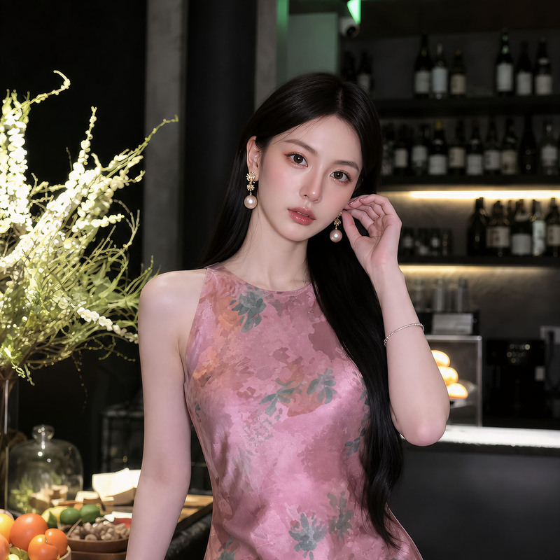 Vintage Gentle Pink Floral Spaghetti Strap Long Dress with Satin Drape, Sleeveless, Waist-Cinching, Slit, and Elegant Design P0687 Vintage Gentle Pink Floral Spaghetti Strap Long Dress with Satin Drape, Sleeveless, Waist-Cinching, Slit, and Elegant Design P0687