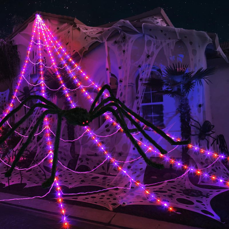 Cross-border Halloween spider web luminous triangulated web with light plush big spider bar haunted house scene layout props