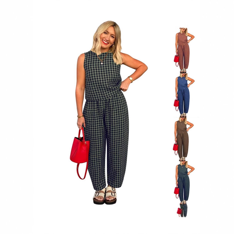 2025 Cross-Border European and American Clothing Amazon Tk New Pure Color Plaid Loose Casual Sleeveless Vest Pants Suit