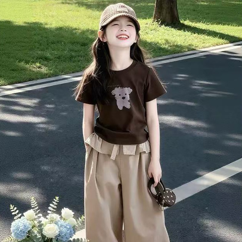 女童休闲套装夏季网红新款韩版大童薄款棕色印花短袖阔腿裤两件套
