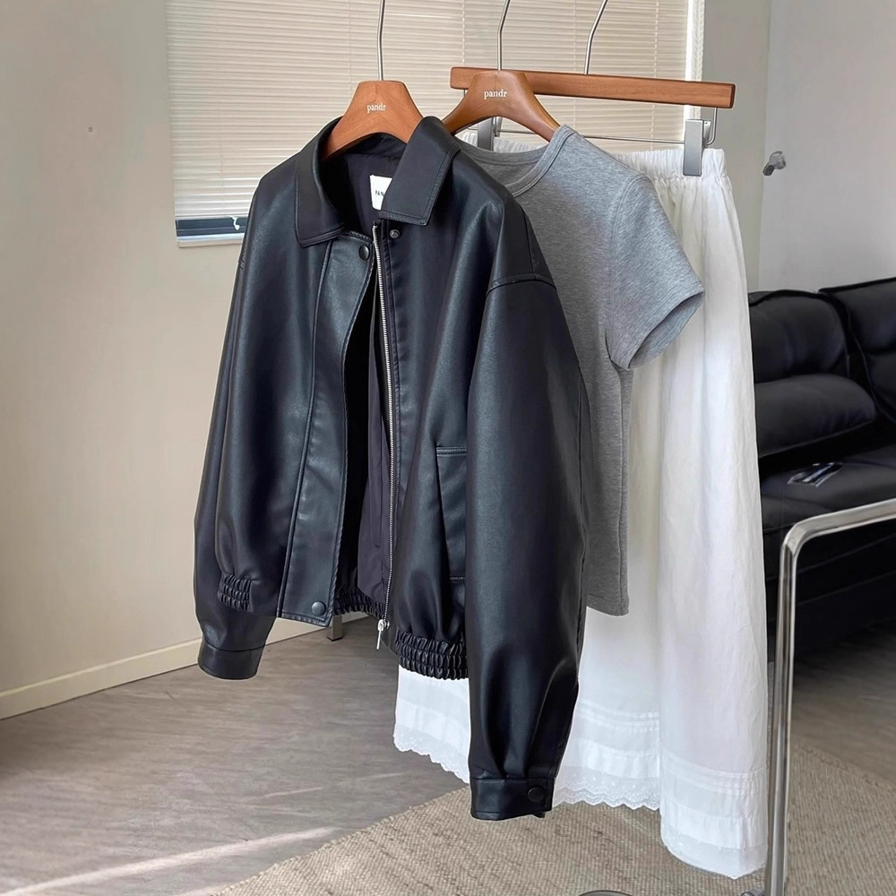 Black Leather Jacket for Women 2025 Autumn and Winter New Style Cool Style Petite Versatile Elegant Retro Top