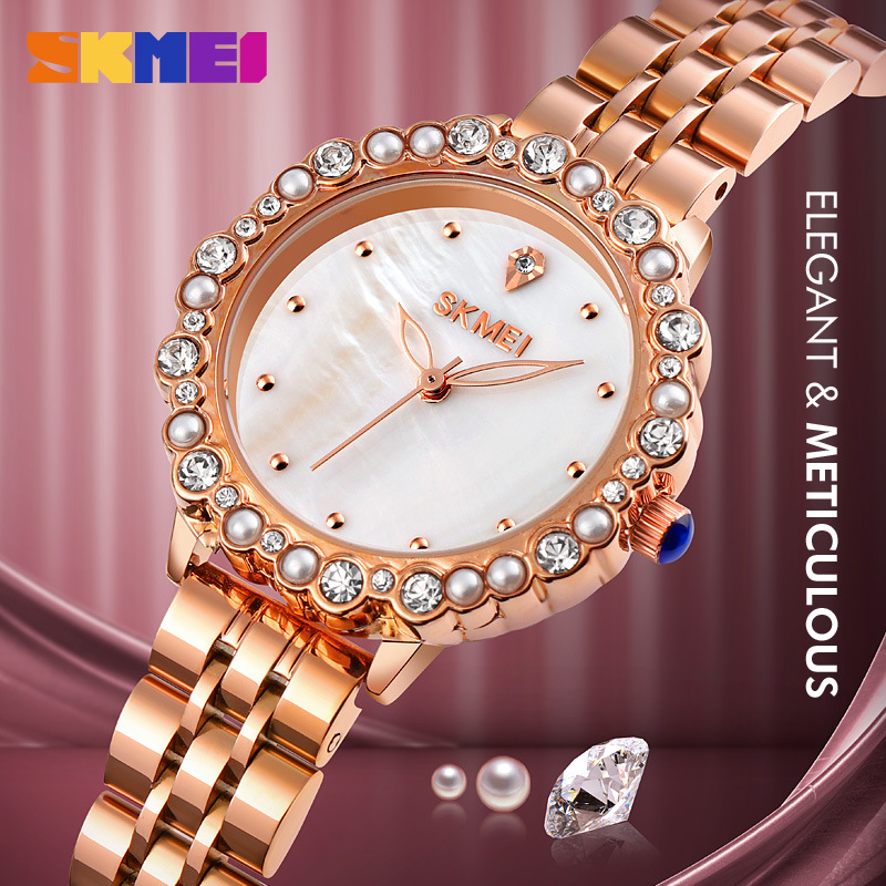 时刻美时尚珍珠水钻贝面女手表实心钢防水圆形百搭女学生石英手表