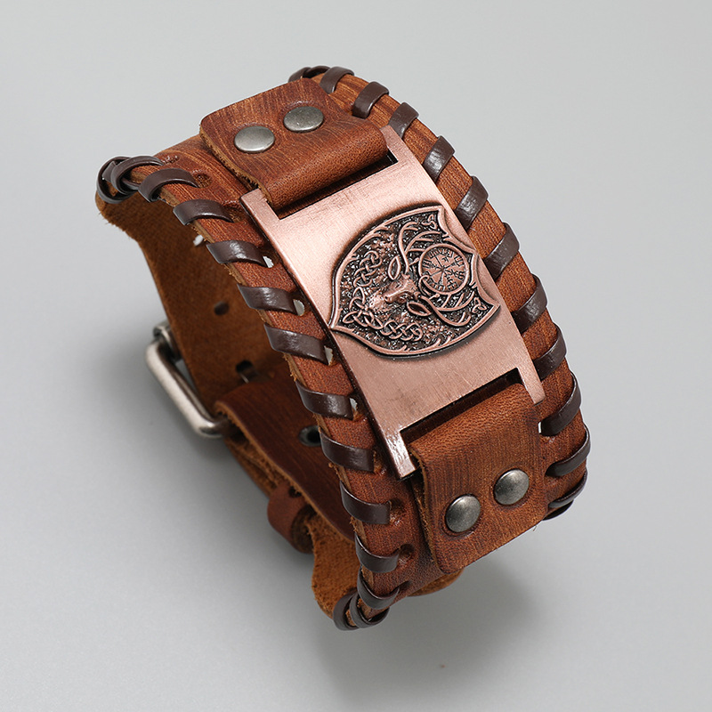 Retro Menu0027s Leather Bracelet Domineering Warrior Shield Braided Bracelet