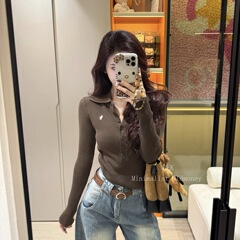 秋季新款羊毛长袖打底衫女刺绣polo简约修身设计感翻领女装上衣女
