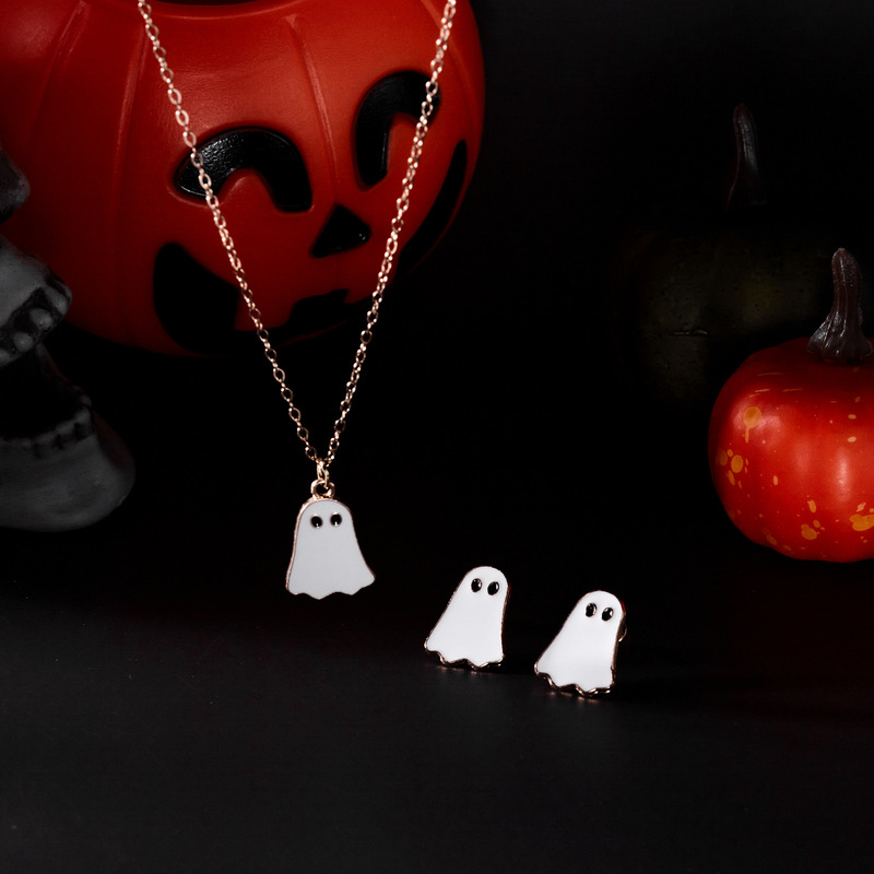 クロスボーダー新面白いハロウィンシリーズ白黒ゴーストペンダントネックレスイヤリングかわいいシンプルなネックレスイヤリング|undefined