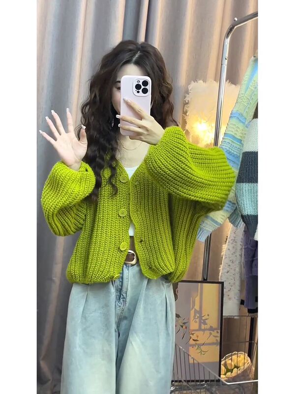 春秋2025新款针织开衫上衣女韩版灯笼袖温柔风长袖小个子短款外套|undefined