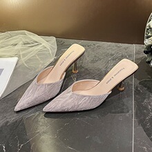 6776C包头凉鞋婚鞋小香风大码通勤尖头拼接女鞋法式细高跟鞋单鞋