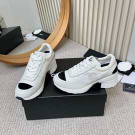 外贸25K小香风粗跟熊猫运动鞋高跟双c增高厚底圆头系带休闲单鞋女