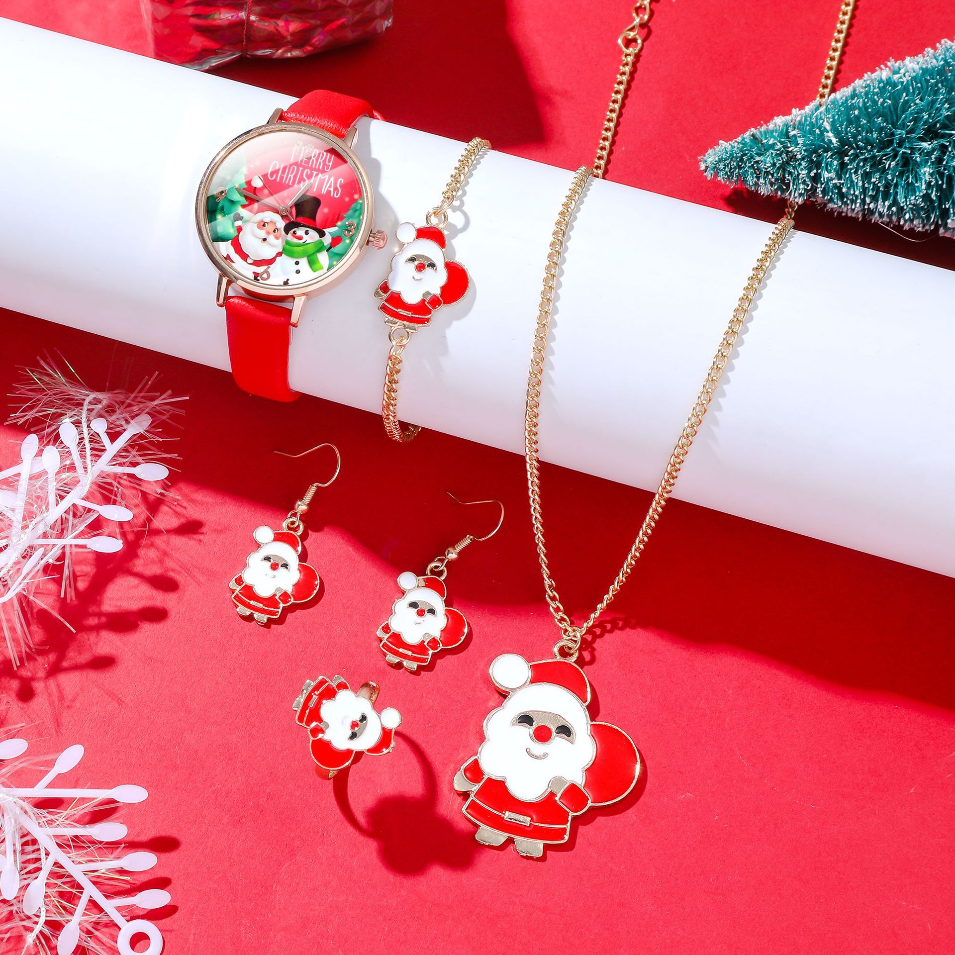 Weihnachtsuhr-Set, Cartoon-Weihnachts-Neuheiten im Herbst und Winter, Gürteluhr + Weihnachtsmann-Schmuckset_voghion.com