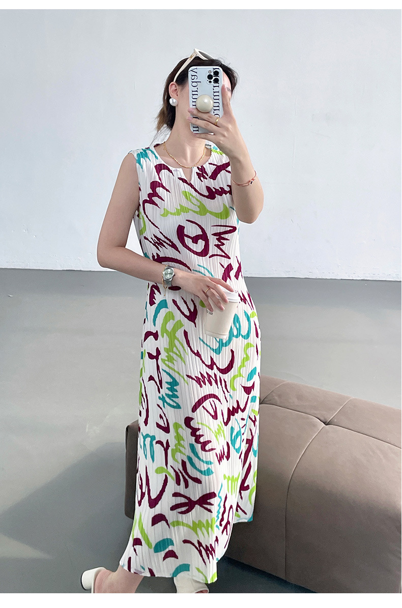 Váy liền ba lỗ xếp ly họa tiết dọc graffiti tương phản phong cách Nhật Bản mùa hè — Phối đen trắng chi tiết 13