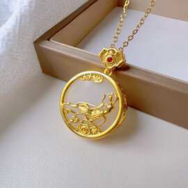 中国风仿和田玉平安扣项链女复古气质钛钢锁骨链金镶玉吊坠项饰