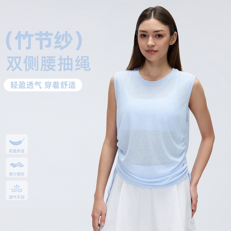 Summer Yoga Wear for Women, Loose Fit, Quick-Dry, Sleeveless Vest with Side Drawstrings, Slimming Fitness Sports Cover-Up D26097