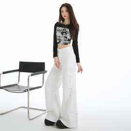 宝蓝色白色工装牛仔裤25年新款高腰宽松设计感可收脚口阔腿裤