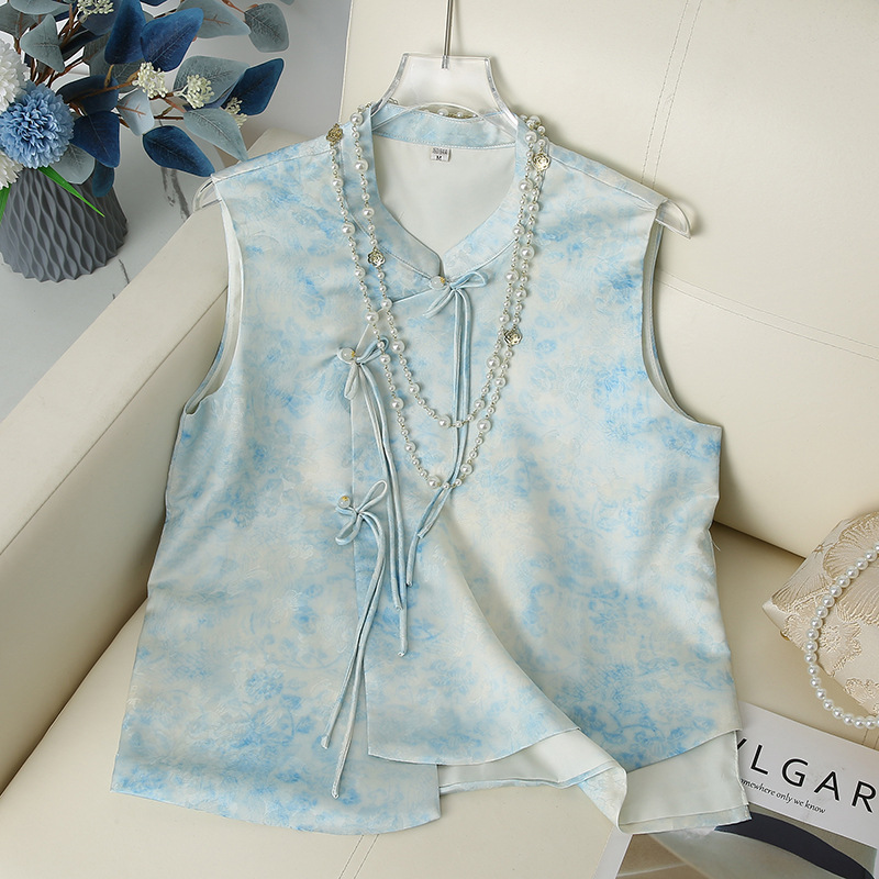 Fashion Tassel Buckle Gradient Age-Reducing Elegant Women's New Chinese Style Vest Summer Stand Collar Sleeveless Waistcoat
