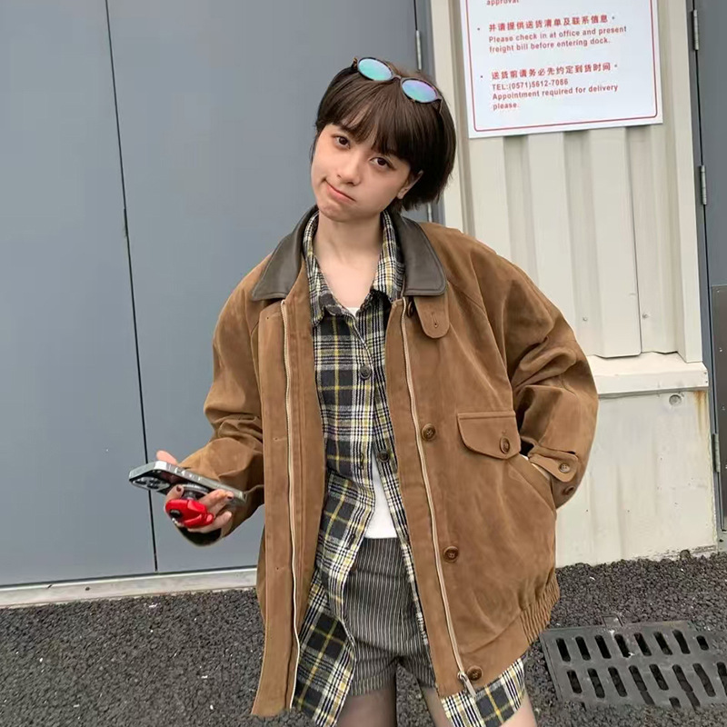 韩国东大门2025秋季新款复古设计感宽松显瘦翻领麂皮绒夹克外套女|undefined