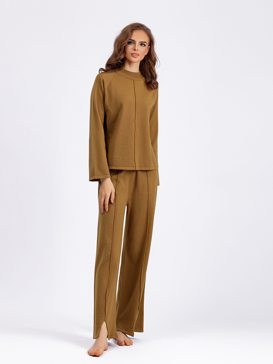 Women's clothing 2023 autumn and winter new  loose solid color pullover sweater two-piece set with slits knitted wide-leg pants suit_voghion.com