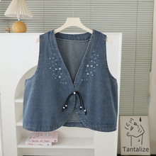 牛仔刺绣无袖马甲背心外套新款夏季宽松复古坎肩休闲上衣