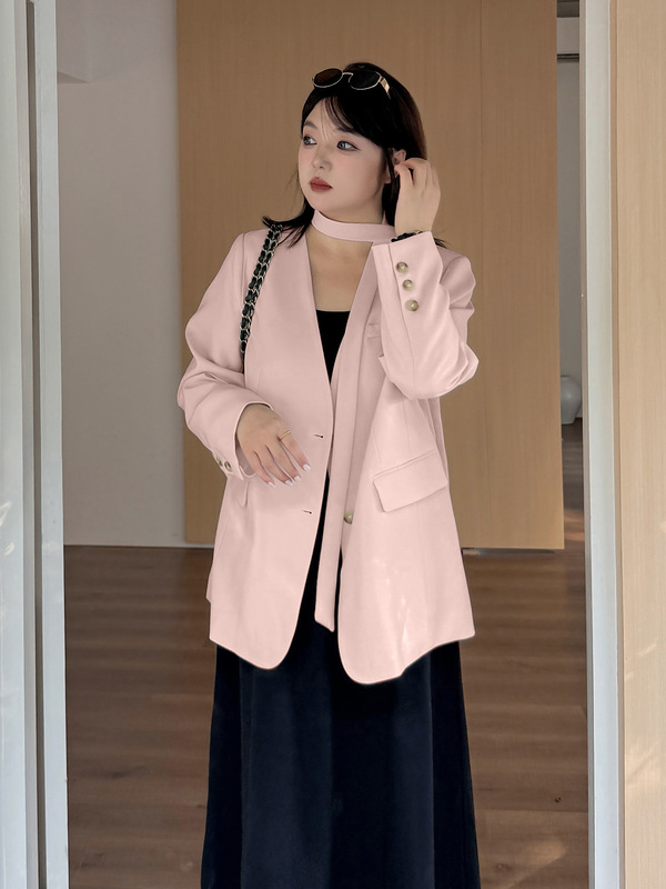 伊诺大码女装气质通勤V领西服外套2025秋飘带设计感上衣323200|undefined