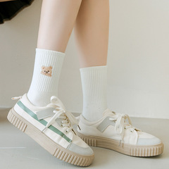 Women's Cotton Mid-Calf Socks for Autumn & Winter — Trendy Ins-Style, Cute Japanese-Style Cartoon Bear Embroidery, Versatile Sports Socks