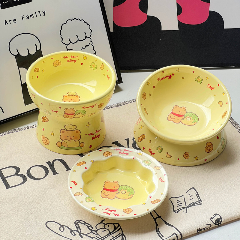 Cat Bowl Ceramic Cat Food Bowl Large Diameter Slanted Mouth Bowl Cat Food Water Bowl Special Eating Bowl Neck Protection High-Legged Cartoon Dinner Plate
