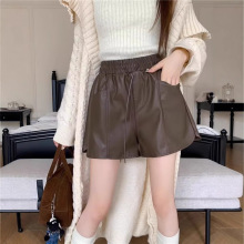 pu皮短裤女秋冬时尚松紧腰系带阔腿小皮裤胖m显瘦a字休闲热裤靴裤