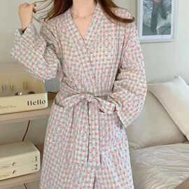 日系和服睡袍浴袍女长袖春秋薄款长款睡裙爱心格子睡衣家居服冬天