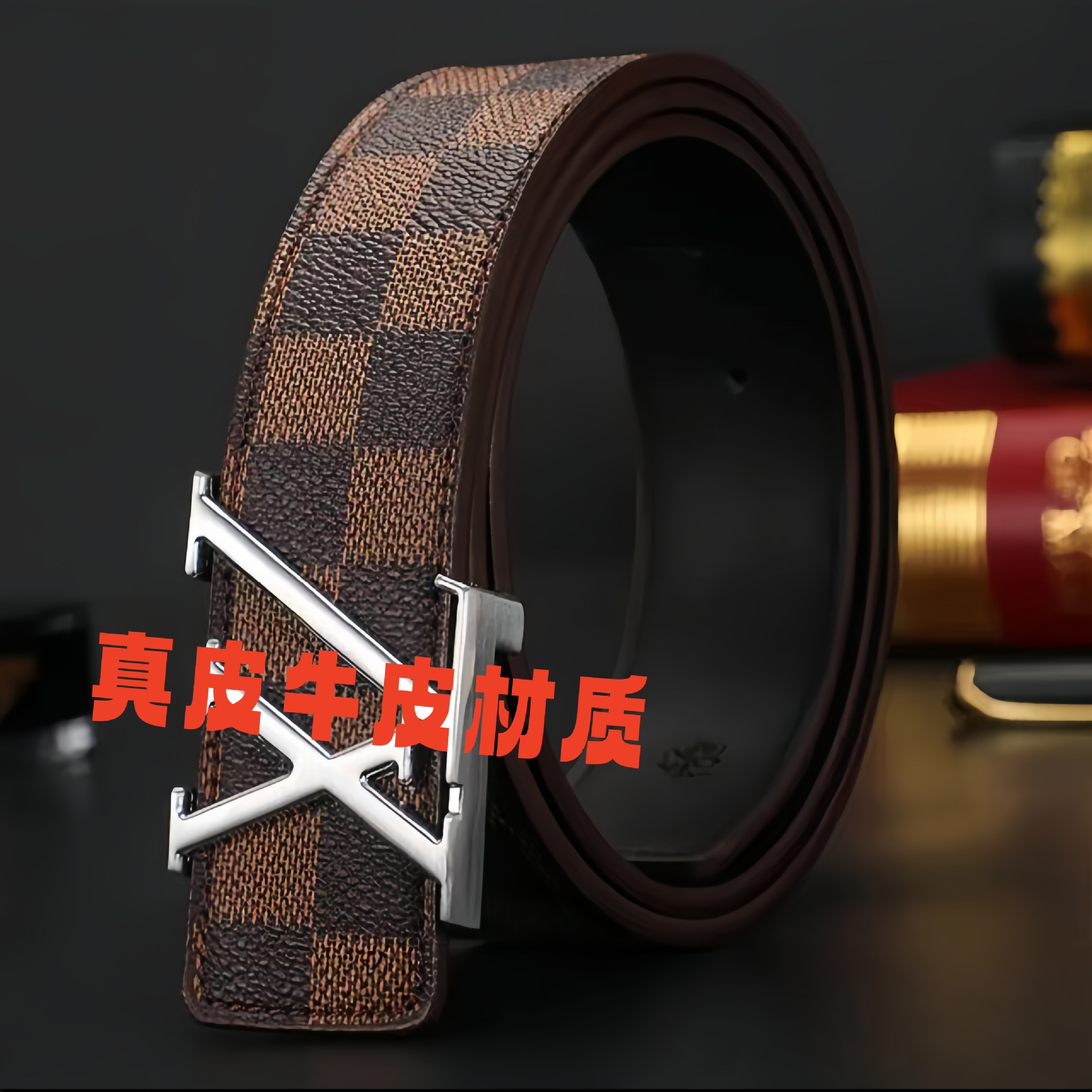 新款男士3.8cm字母XL皮带平滑扣腰带青年裤带男韩版潮流品商务年
