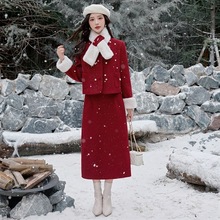 小香风套装女装冬2025新款喜庆90%白鸭绒长裙两件套配仿毛围脖