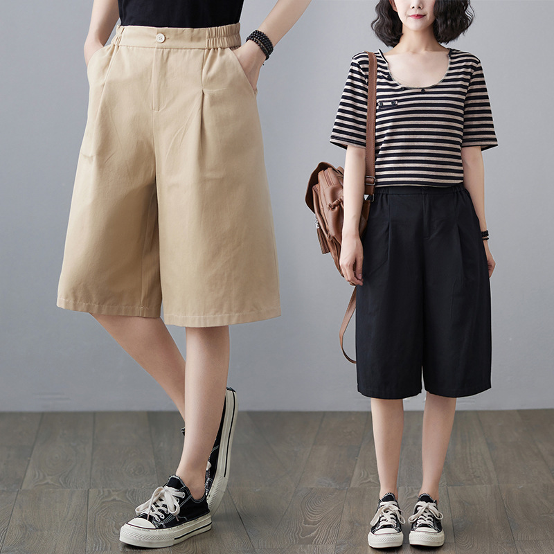 Real Shot of 2025 New Summer Loose Casual Five-Point Pants High-Waisted Slimming Wide-Leg Pants for Women # 1817