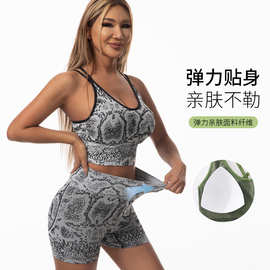 新款欧美跨境瑜伽蛇纹运动美背无钢圈舒适文胸平角裤套装女二件套