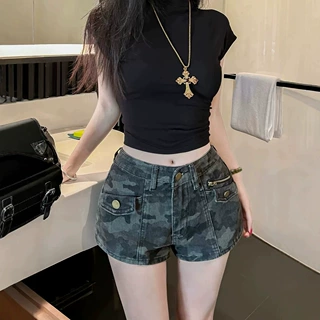 大码美式辣妹迷彩牛仔短裤女2026夏季设计感高腰工装a字包臀热裤