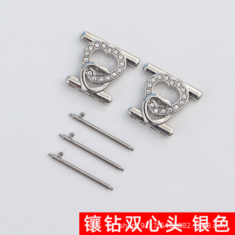Khóa đôi trái tim đính cườm đính kim cương mới-màu bạc / Giao diện 18mm (kèm kim tháo nhanh)