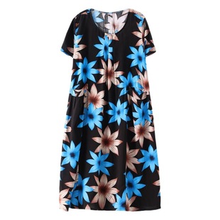 2025 New Summer Mother's Short-Sleeved Artificial Cotton Dress Large Size Middle-Aged Women's Mid-Length Over-The-Knee Cotton Silk Skirt