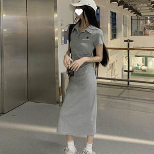2025 Polo Collar Contrasting Color Age-Reducing Long Dress Women's Summer New Waist Slimming Look Casual Long Dress