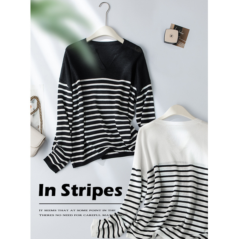 2026 Hangzhou Four Seasons Youth Summer New Salt Style Half-Open Front Japanese Paper Yarn Striped Long Sleeve Women's Casual Top