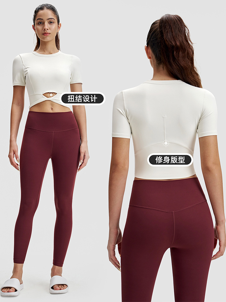 Camiseta de yoga delgada para mujer lulu dobladillo corto torcedura de manga corta sudadera de alto elástico con cordón umbilical top de ropa de fitness